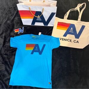 - NWT Kids Aviator Nation T Shirt AV Logo tee Size 14 Neon Blue + Tote
